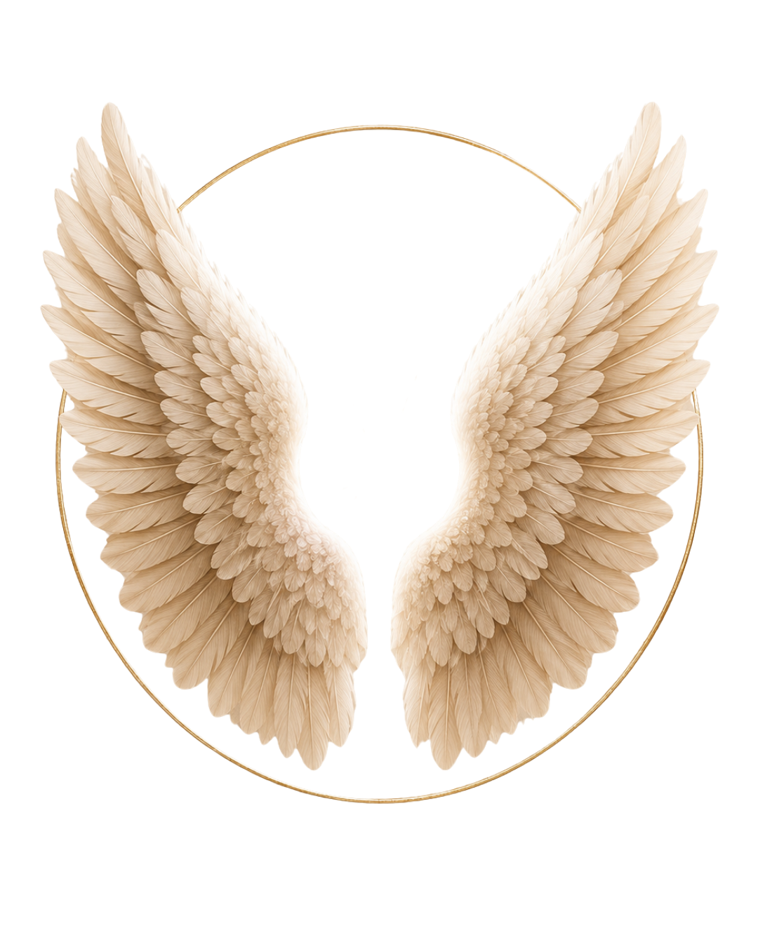 Cream-colored angel wings within a golden heart outline.