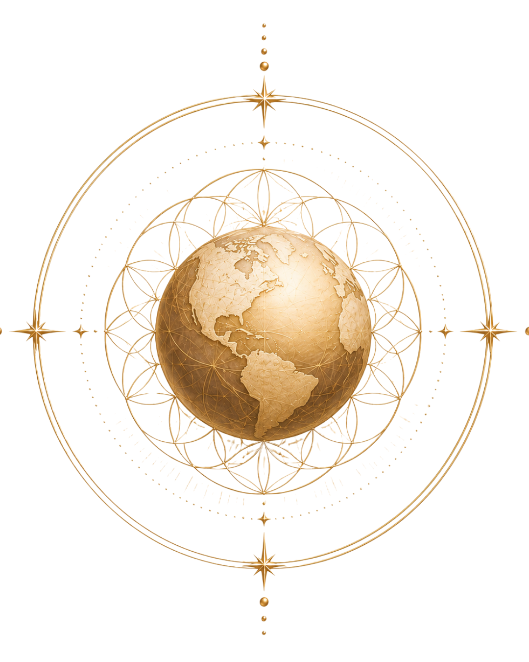 A digital illustration of a gold globe of Earth centered within a geometric, spherical frame with interconnected circles and points, set against a colorful, distorted background.