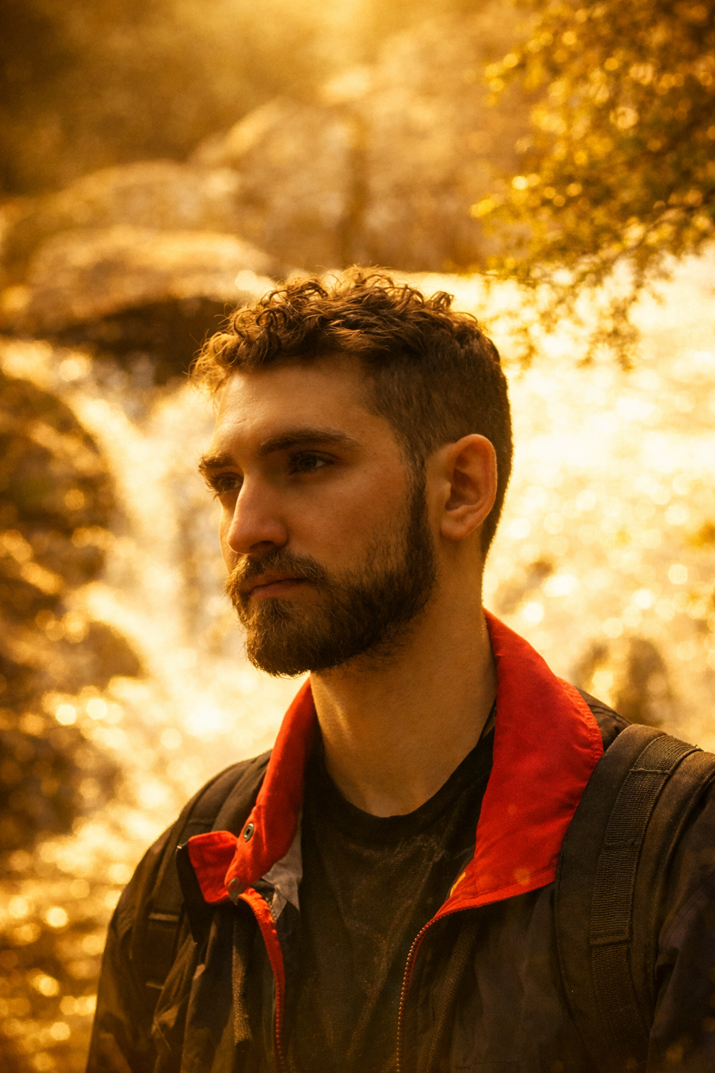 A young man with curly hair and a beard, wearing a black jacket with a red collar, standing outdoors during golden hour with a waterfall and autumn trees in the background.