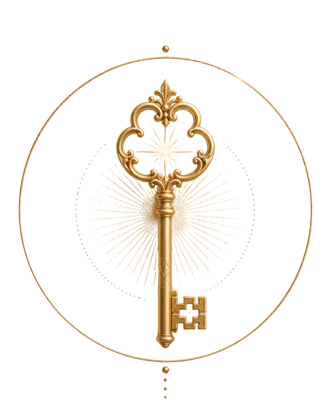 A gold ornate key with a decorative bow in the shape of a clover inside a circular emblem with a pink, gold, and gray background.