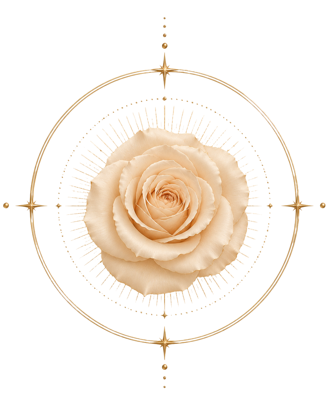 Beige rose surrounded by a gold celestial frame with a star at the top and bottom, and colorful glitch effects around the edges.