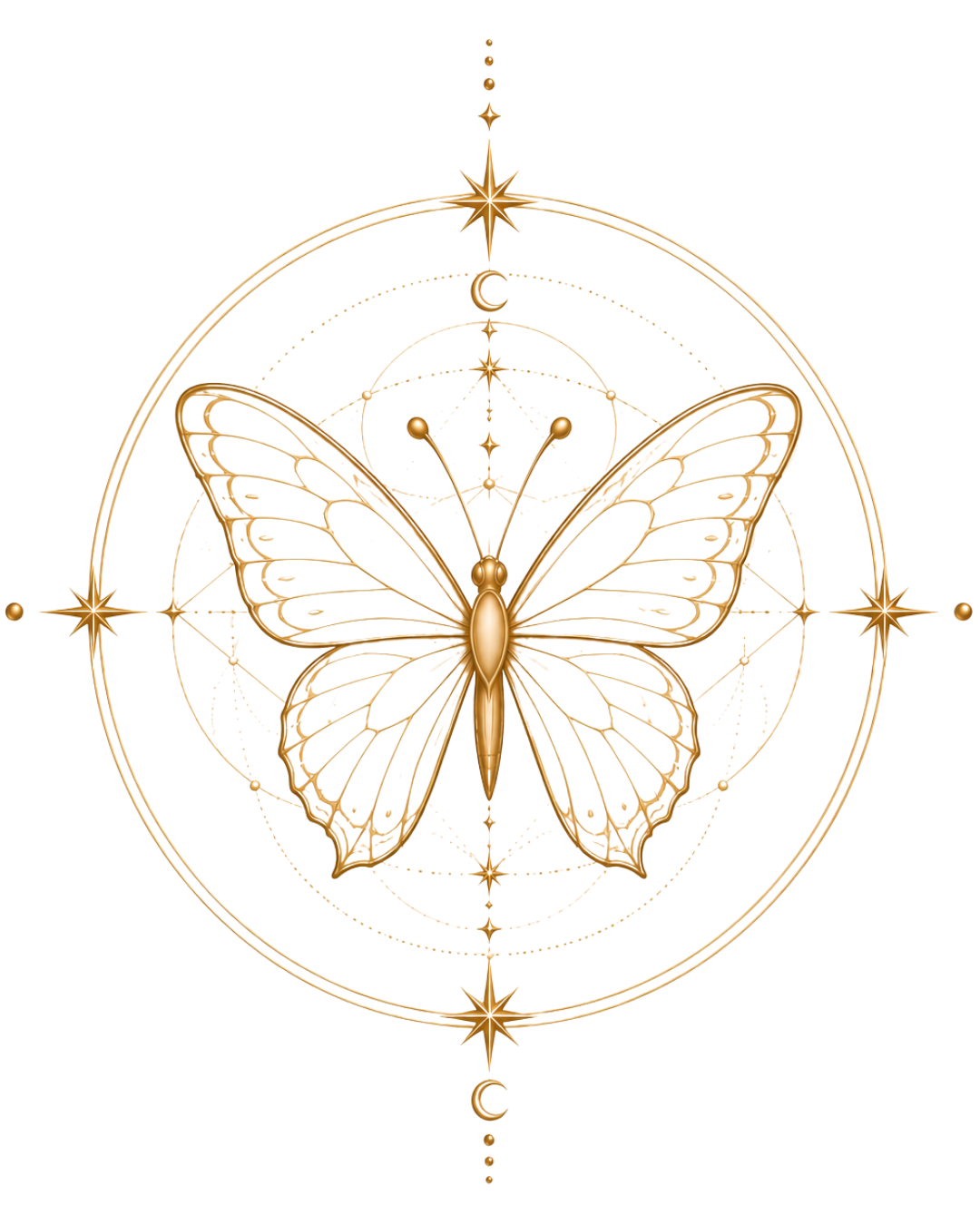 A golden butterfly with intricate, lacy wings overlaid on a celestial design featuring stars, moons, and geometric patterns on a black background.