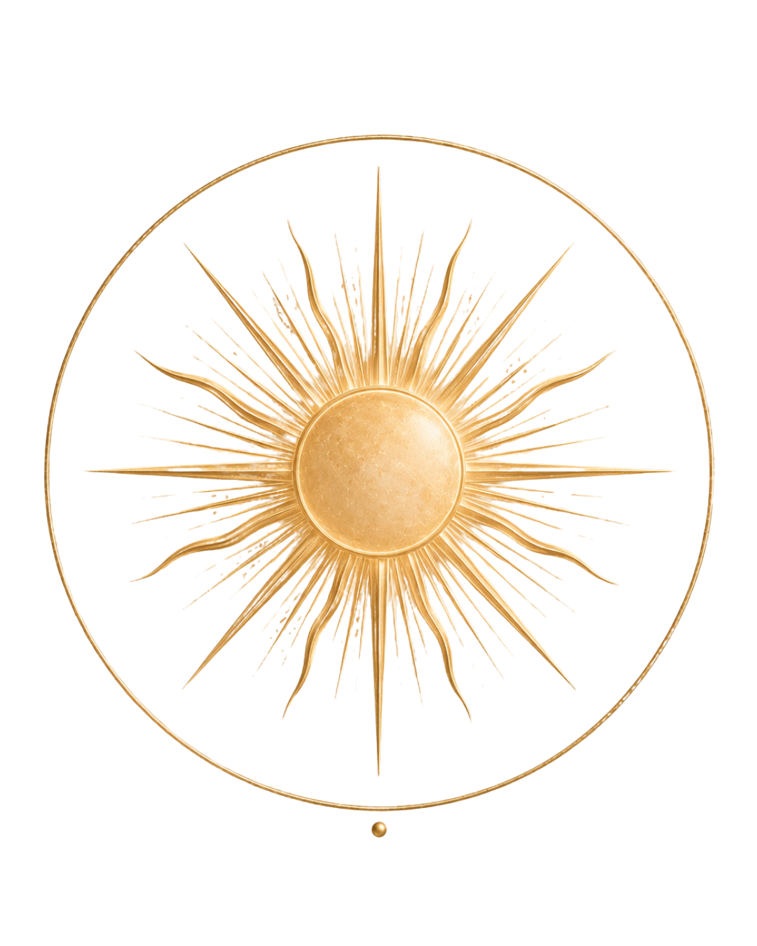 A gold-colored, stylized sun with a central circular orb and radiating pointed rays, surrounded by a circular border.