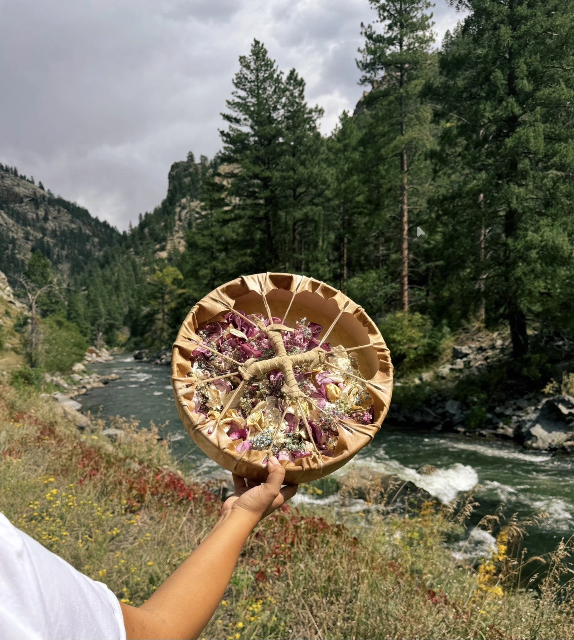 Person holding a round basket filled with pink and white flowers in a natural outdoor setting with mountains, pine trees, a river, and wildflowers.