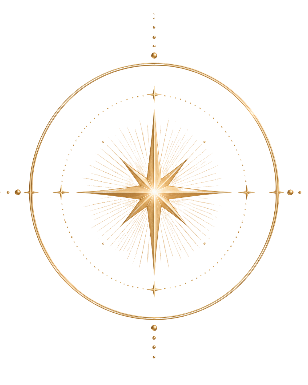A colorful abstract digital art piece featuring a large central starburst with multiple radiating points, surrounded by a gold circular frame with small decorative spheres, set against a black background.