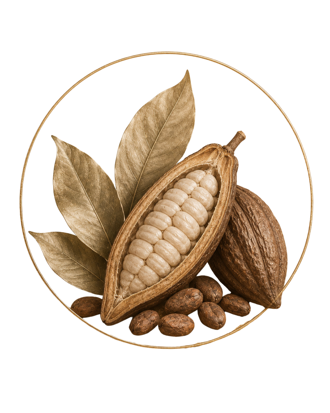 Close-up of a cacao pod, with one opened to reveal white beans inside, accompanied by dry leaves and cocoa beans, all set in a circular background.
