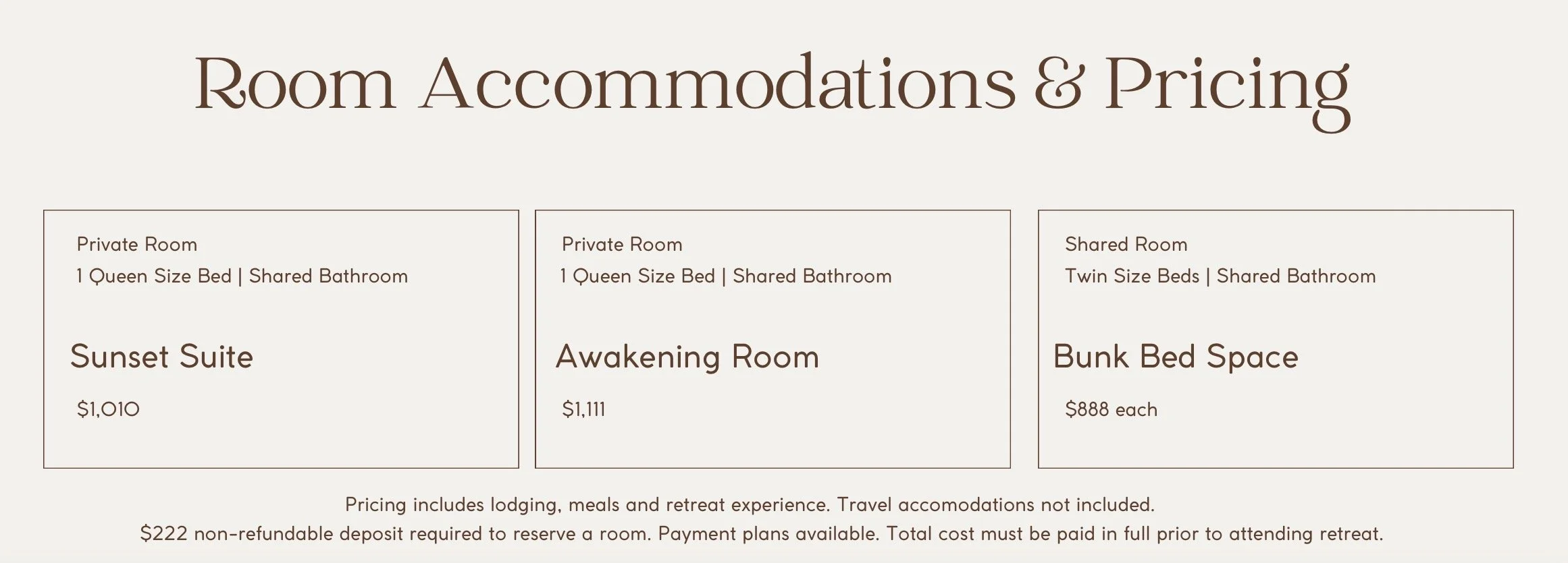 A webpage displaying room accommodations and pricing options including Sunset Suite, Awakening Room, and Bunk Bed Space, each with pricing and shared bathroom details.