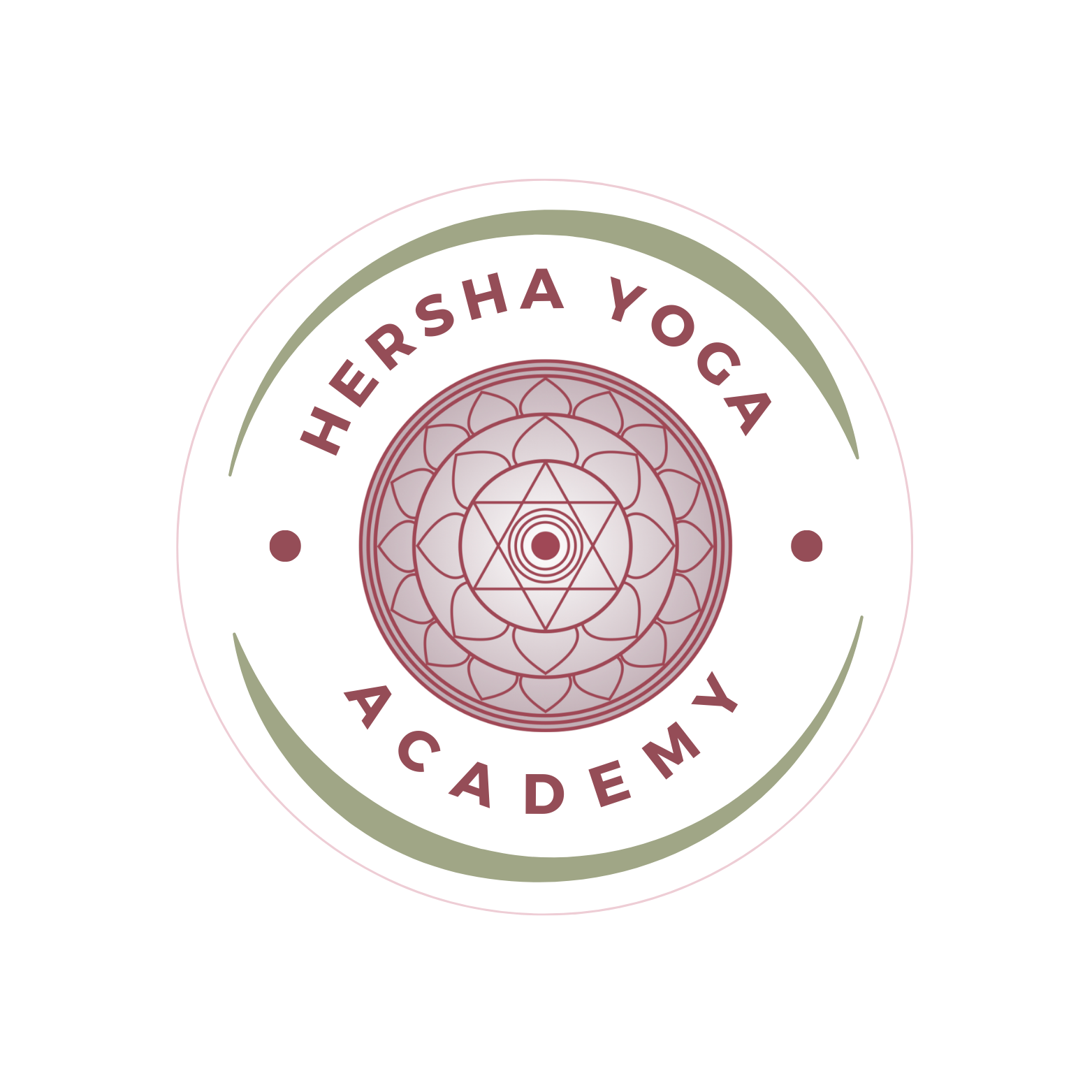 a logo in a round shape, the name of the company, hersha yoga academy is surrounding an inner circle shaped with a geometry design of rectangles, forming a yantra in the shape of a lotus