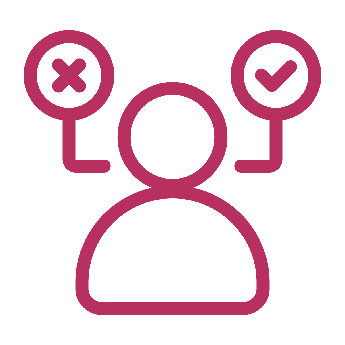 Outline drawing of a person with two decision icons, one with a cross and one with a check mark, above their head.