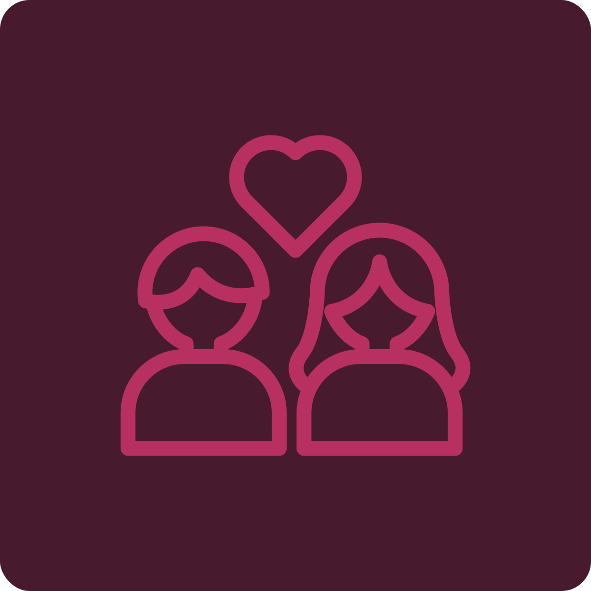 Outline illustration of a man and woman with a heart above them, all in pink on a dark background.