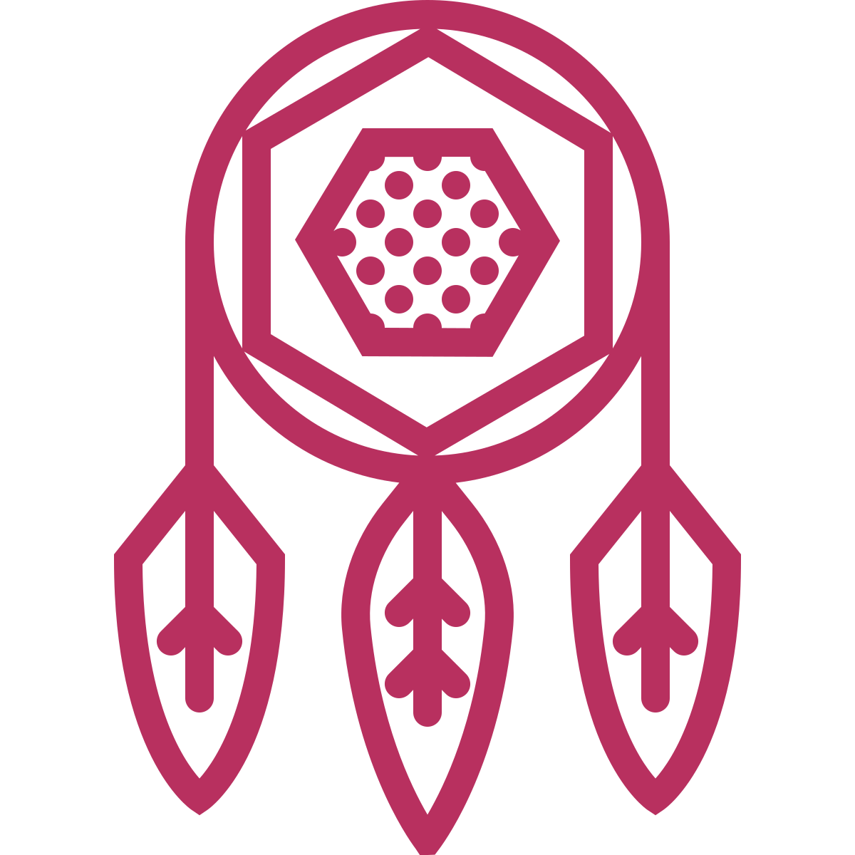 Stylized purple outline of a traditional dreamcatcher with a circular frame, a hexagonal pattern inside, and three hanging feathers.