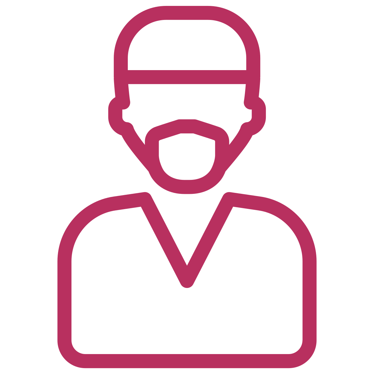 Line art icon of a person wearing a helmet and a mask, with a v-neck top.