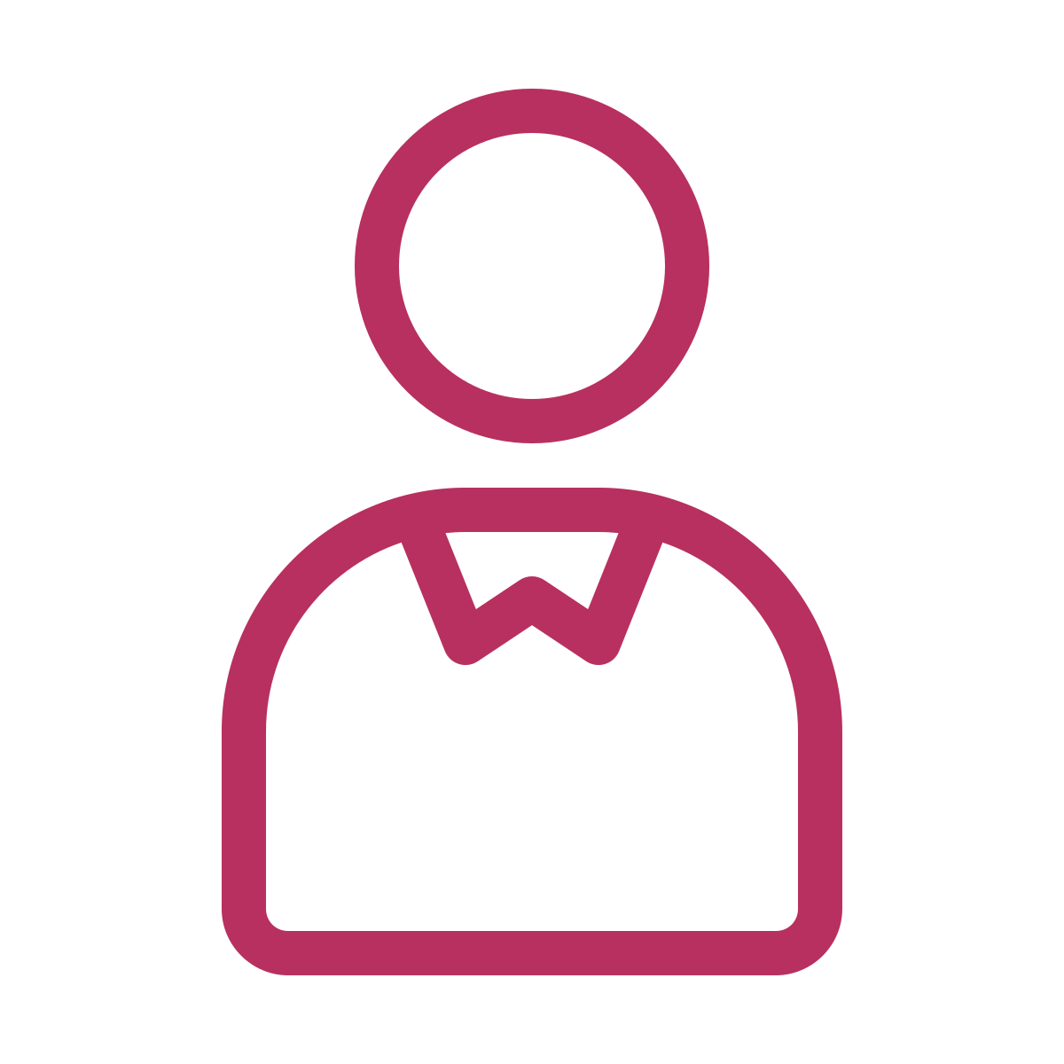 Simple pink outline icon of a person with a bow tie, representing a user or profile.