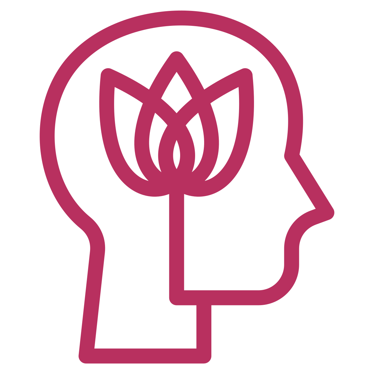 Outline of a human head with a blooming lotus flower inside, symbolizing mindfulness or meditation.