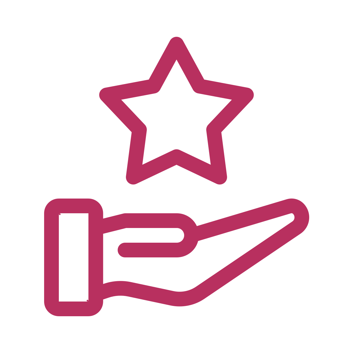 Outline of a hand holding a star, with another star above it, in a solid pink color.