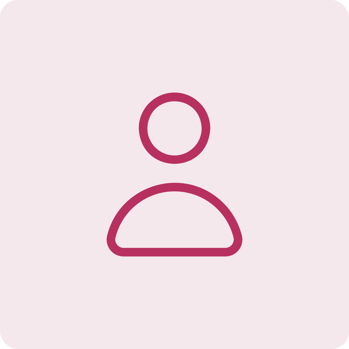 Minimalist user icon with a circle for the head and a curved line for the shoulders on a light pink background.