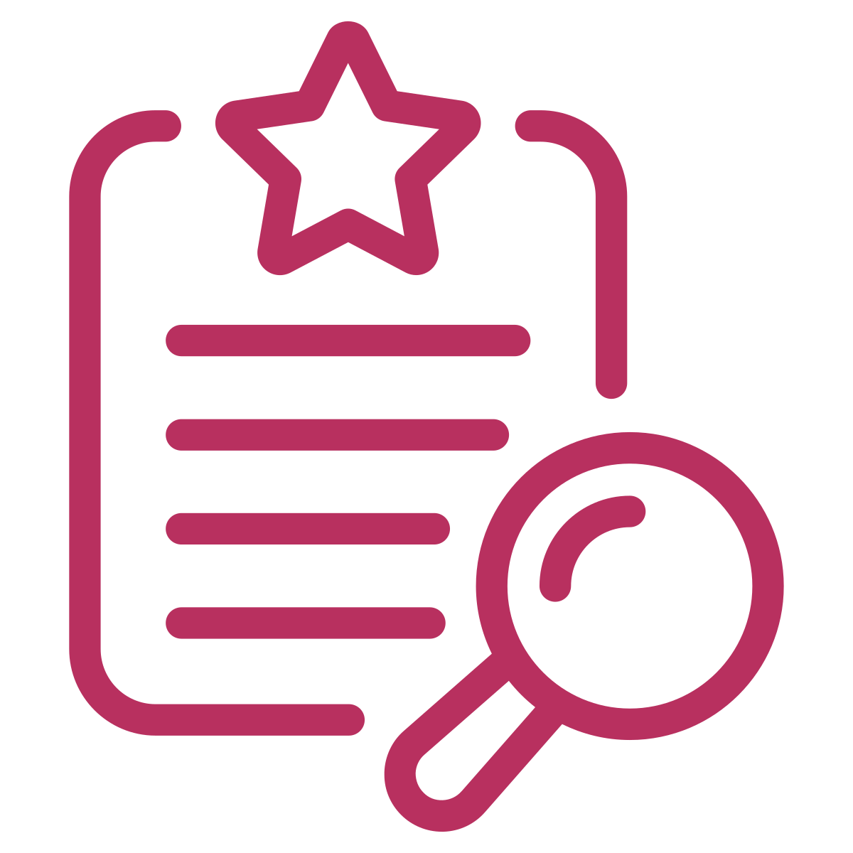 Icon of a document with a star at the top, lines representing text, and a magnifying glass next to it.