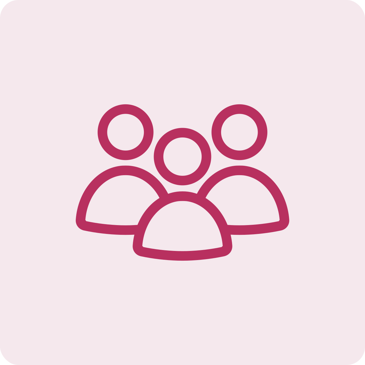 Icon of three people in a group, outlined in dark pink on a light pink background.