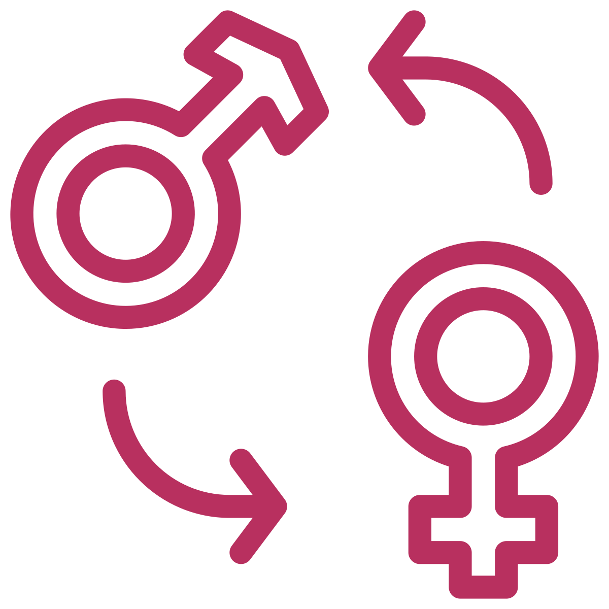 Gender transition symbols with arrows forming a circle, pink color on black background.