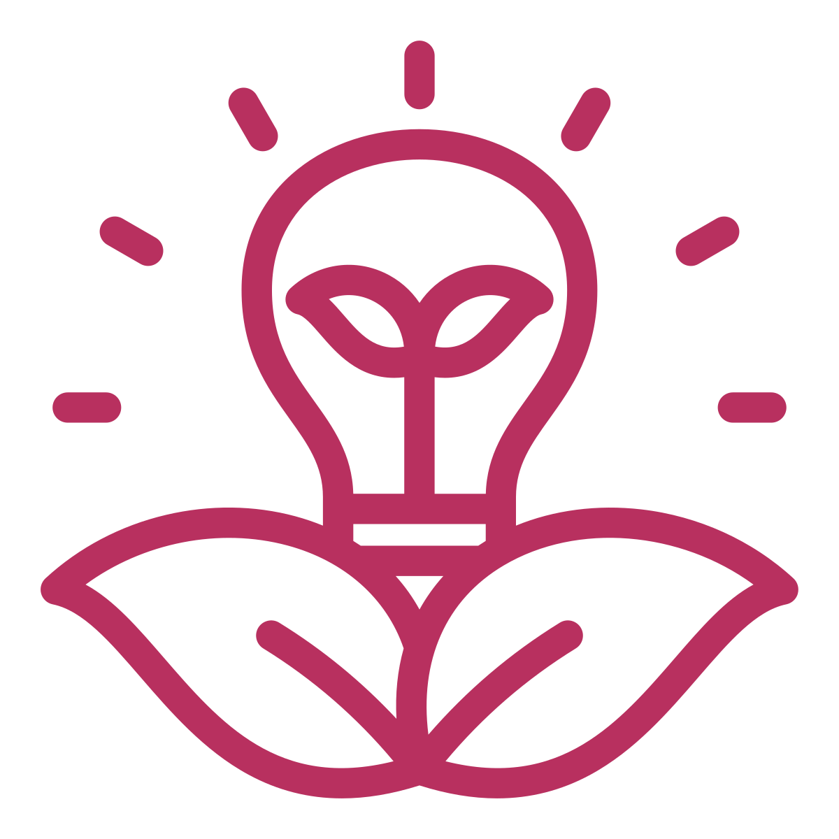 Outline of a light bulb with a sprouting plant inside, surrounded by open leaves and rays of light.