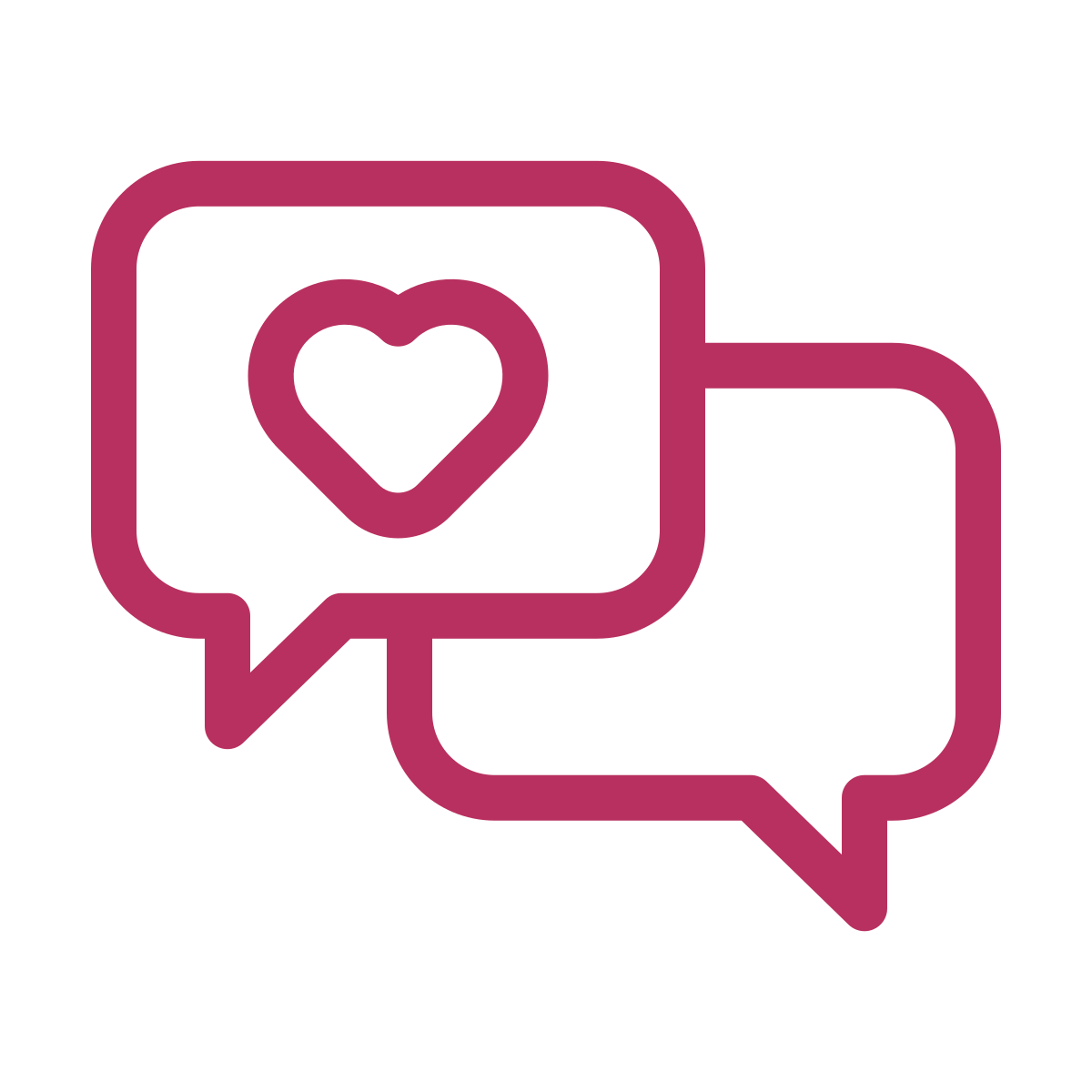 Two overlapping chat bubbles, one with a heart inside, in burgundy outline, on a black background.
