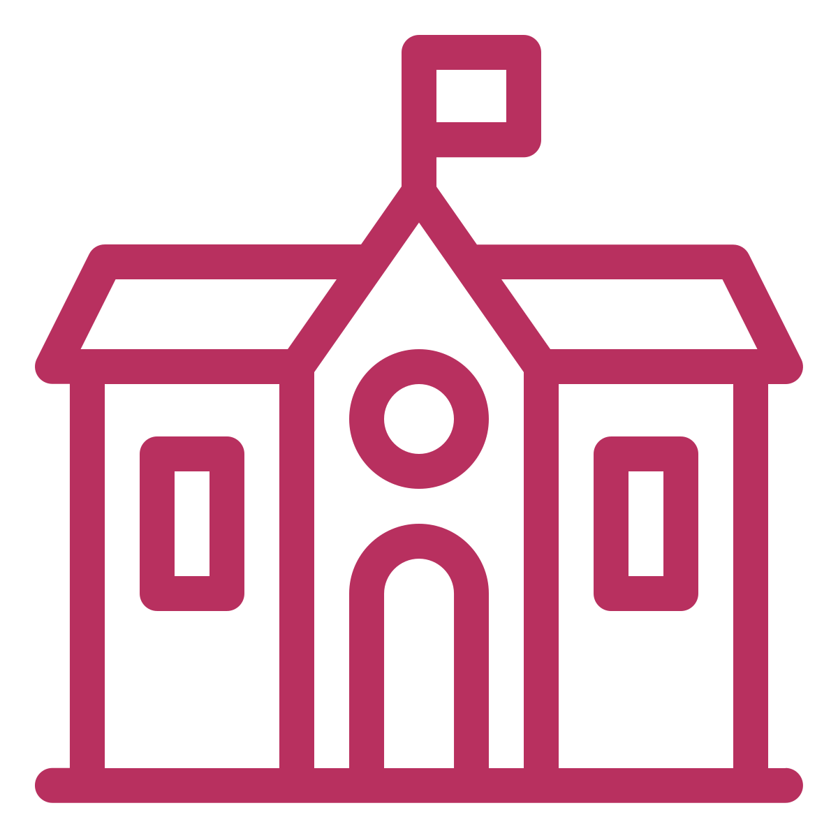 Outline of a church building with a steeple, brick walls, and arched doorway, depicted in a pinkish color.