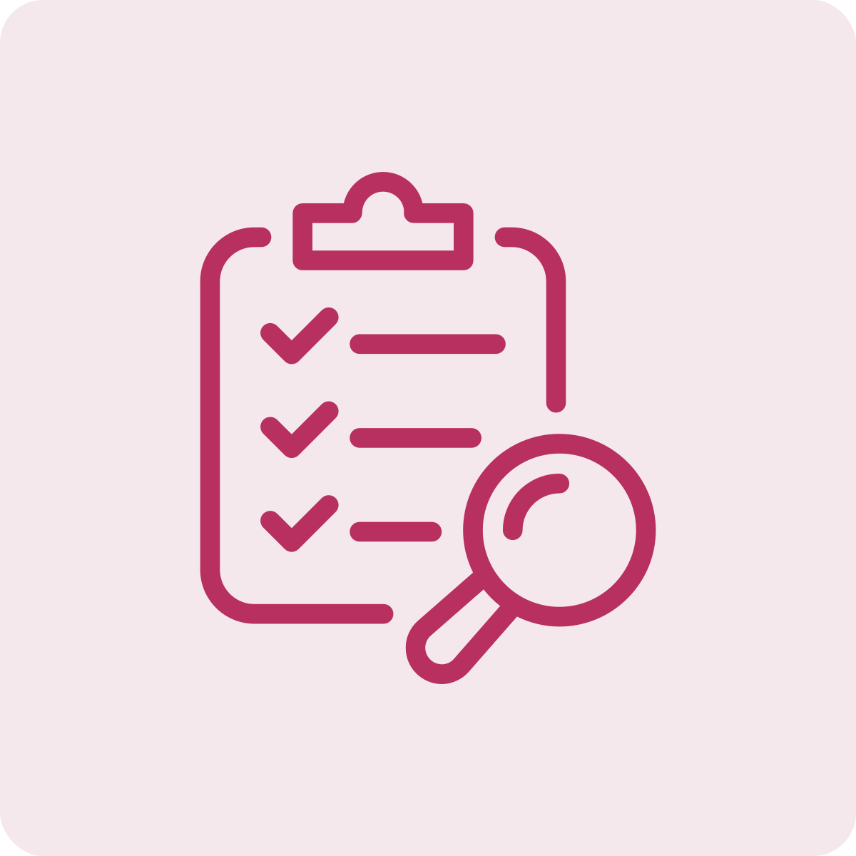 Icon of a clipboard with a checklist and a magnifying glass, representing review or analysis.