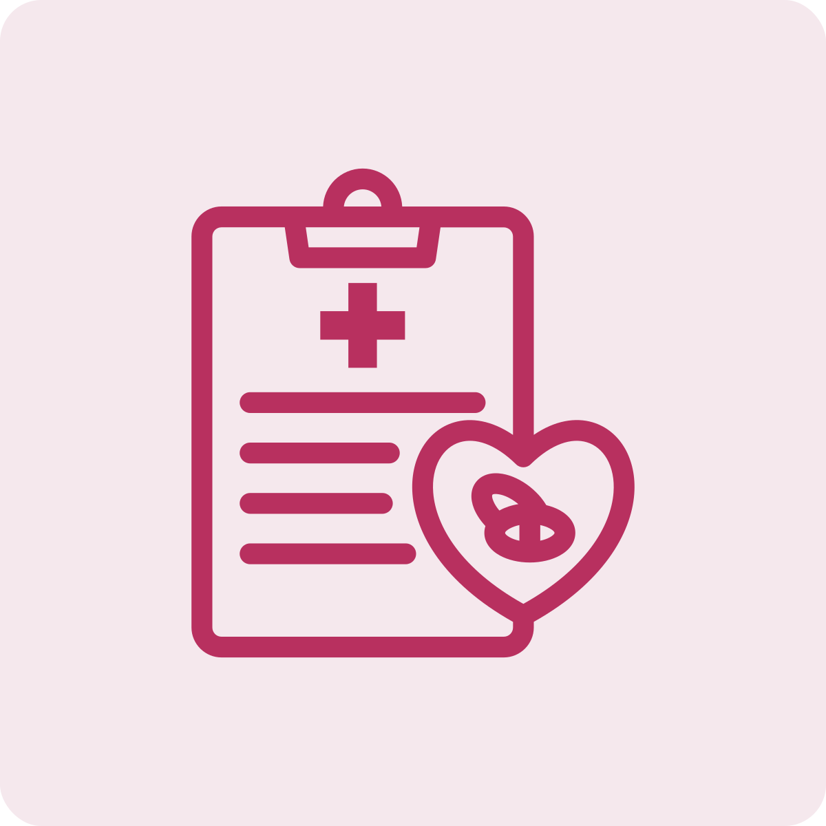 Illustration of a medical clipboard with a cross symbol, accompanied by a heart-shaped object featuring a knot in the middle, symbolizing healthcare and heart health.