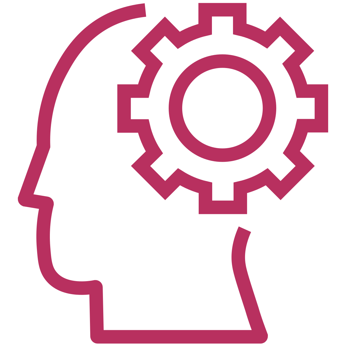 Outline of a human head with a gear inside the head, symbolizing thinking or mental processes.