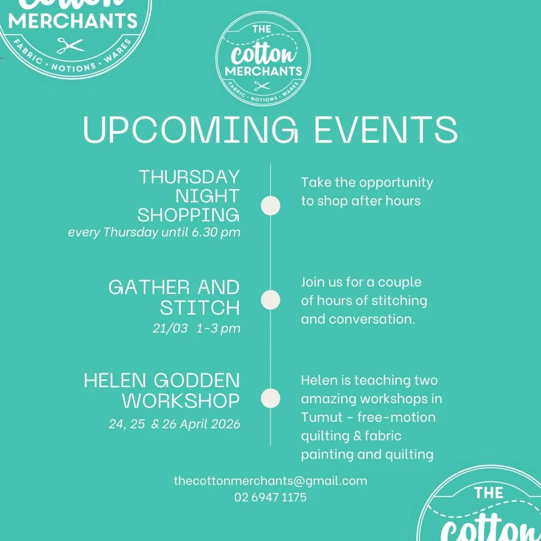 Our calendar is filling up - come and join us to learn something new or to have a browse after work.

thecottonmerchants@gmail.com
02 6947 1175
37 Wynyard St Tumut NSW 2720

#helengodden #gatherandstitch #latenightshopping #thingstodointumut #tumutsh