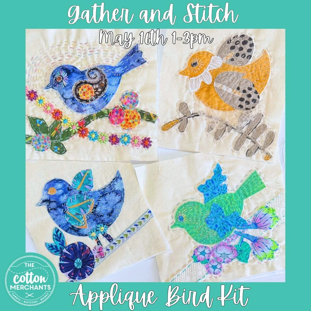 Introducing the new Applique Bird Kit for Gather and Stitch this Saturday May 16 at The Pizzeria from 1 - 3pm.  You will have a choice of making the Applique Bird Kit, Scrappy Pouch Kit or the Moth Brooch Kit.  At a  cost of $50 your session will inc