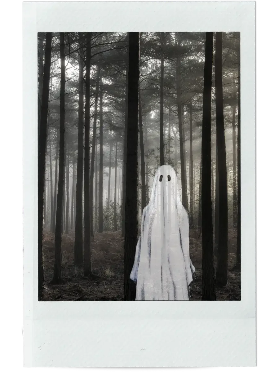 Ghost Tea Podcast's mascot, "ghostie" in a faux polaroid photo of a forest