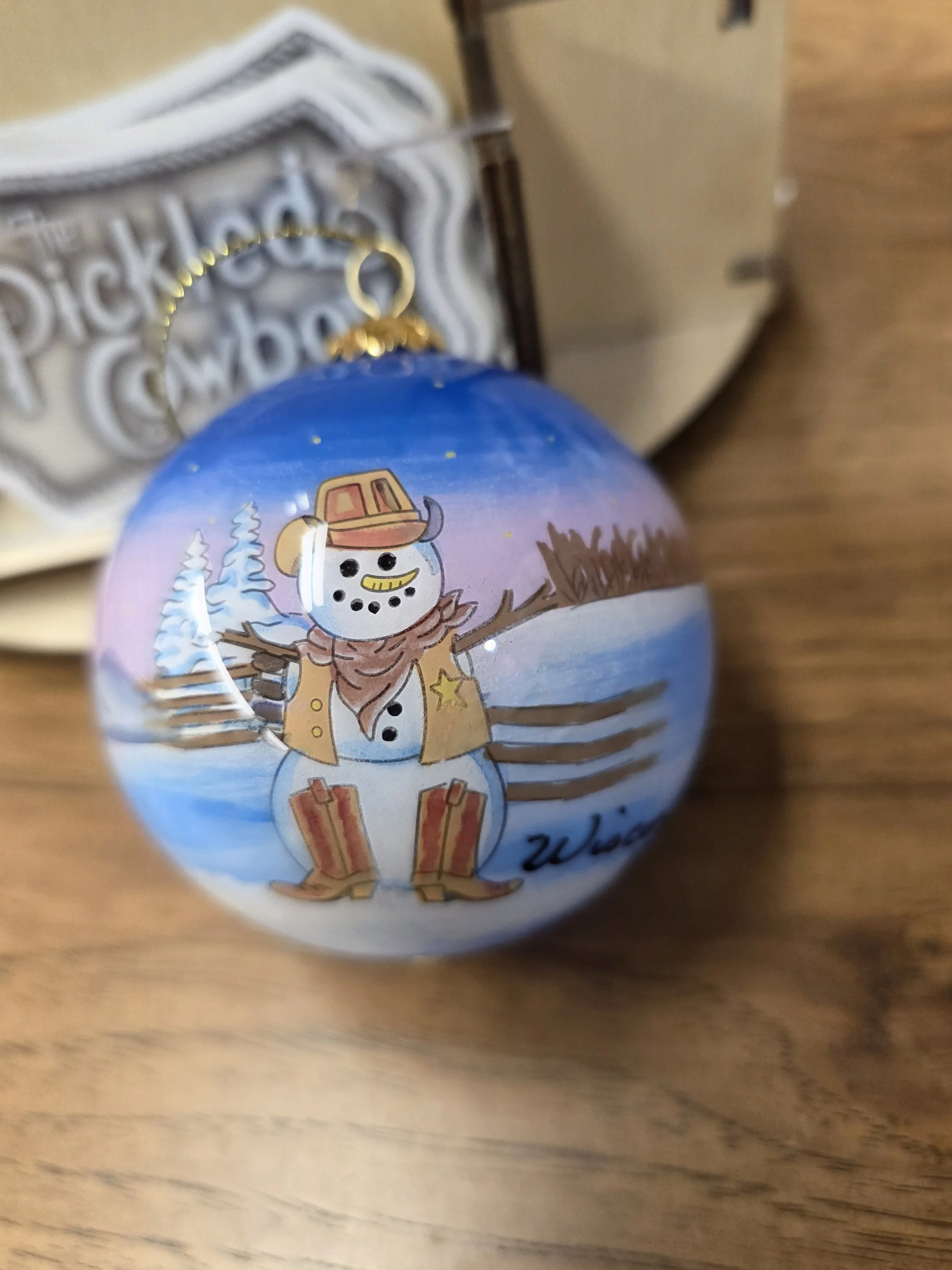Hand Painted Western Snowman Ornament