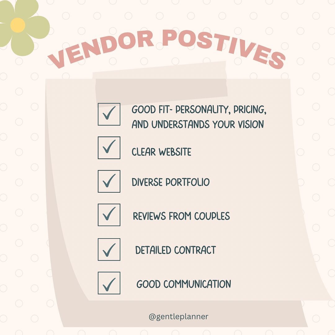 Couples who are looking for vendors here are some positive factors to keep in mind! When I&rsquo;m working with couples for month of coordination they often ask me about how to choose good vendors and this is a list of things to consider ☺️
. 
.
.
.
