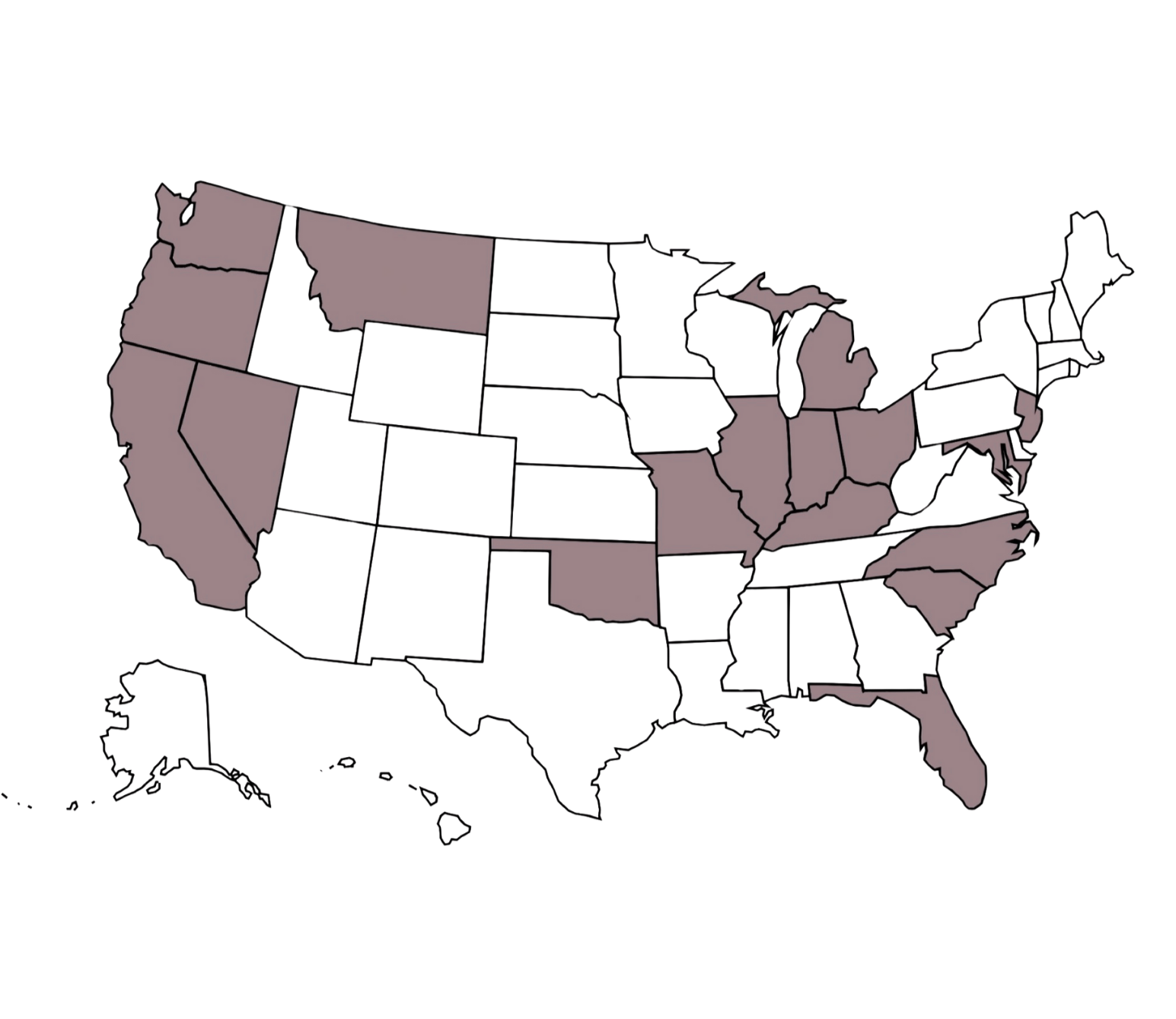 Map of the United States highlighting states with high mental health issues in purple.