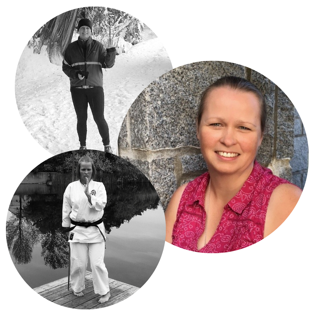 Three pictures of me, Heather Daune. One in winter running gear standing on snow, one in a martial arts uniform standing by water, and one smiling woman in a pink sleeveless top in front of a brick wall.