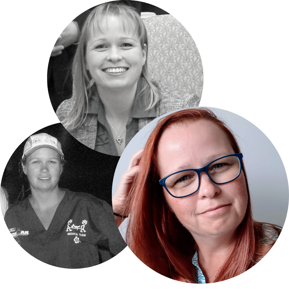 Three pictures of me, Heather Daune. One photo I'm wearing glasses with slightly red hair. The 2nd photo is from a Lifesaving Society awards ceremony, and the 3rd photo, I'm volunteering at the Hawaii Ironman in a medical scrubs.