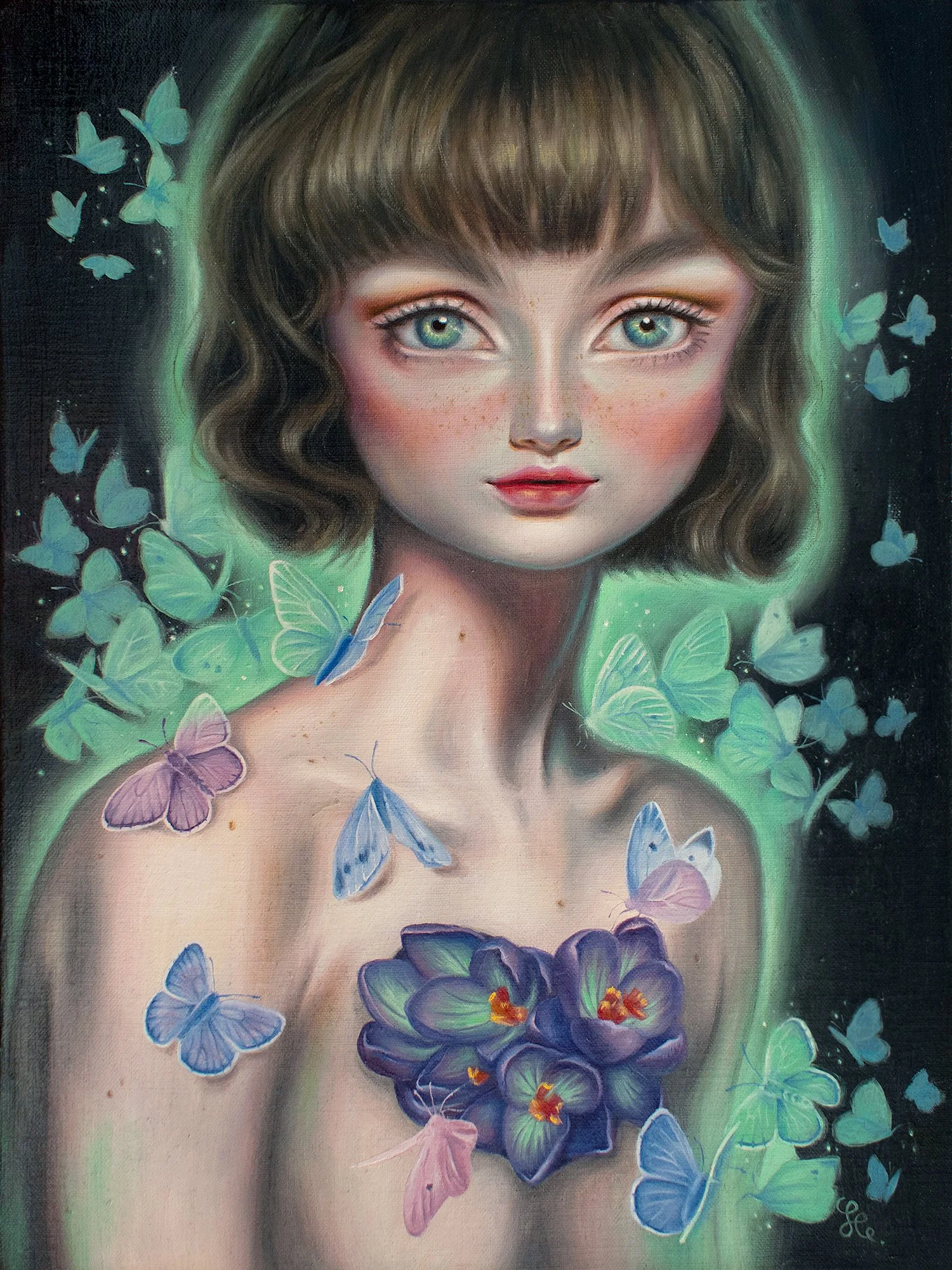 Original Oil Painting OF A Girl With Big Eyes with butterflies and crocus flowers glowing