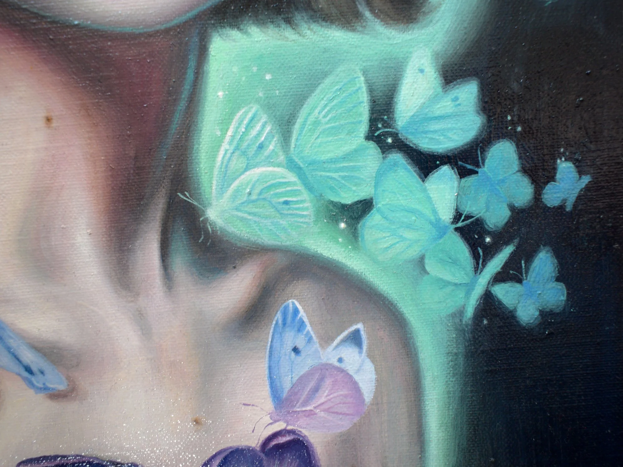 Original Oil Painting OF A Girl With Big Eyes with butterflies and crocus flowers glowing detail