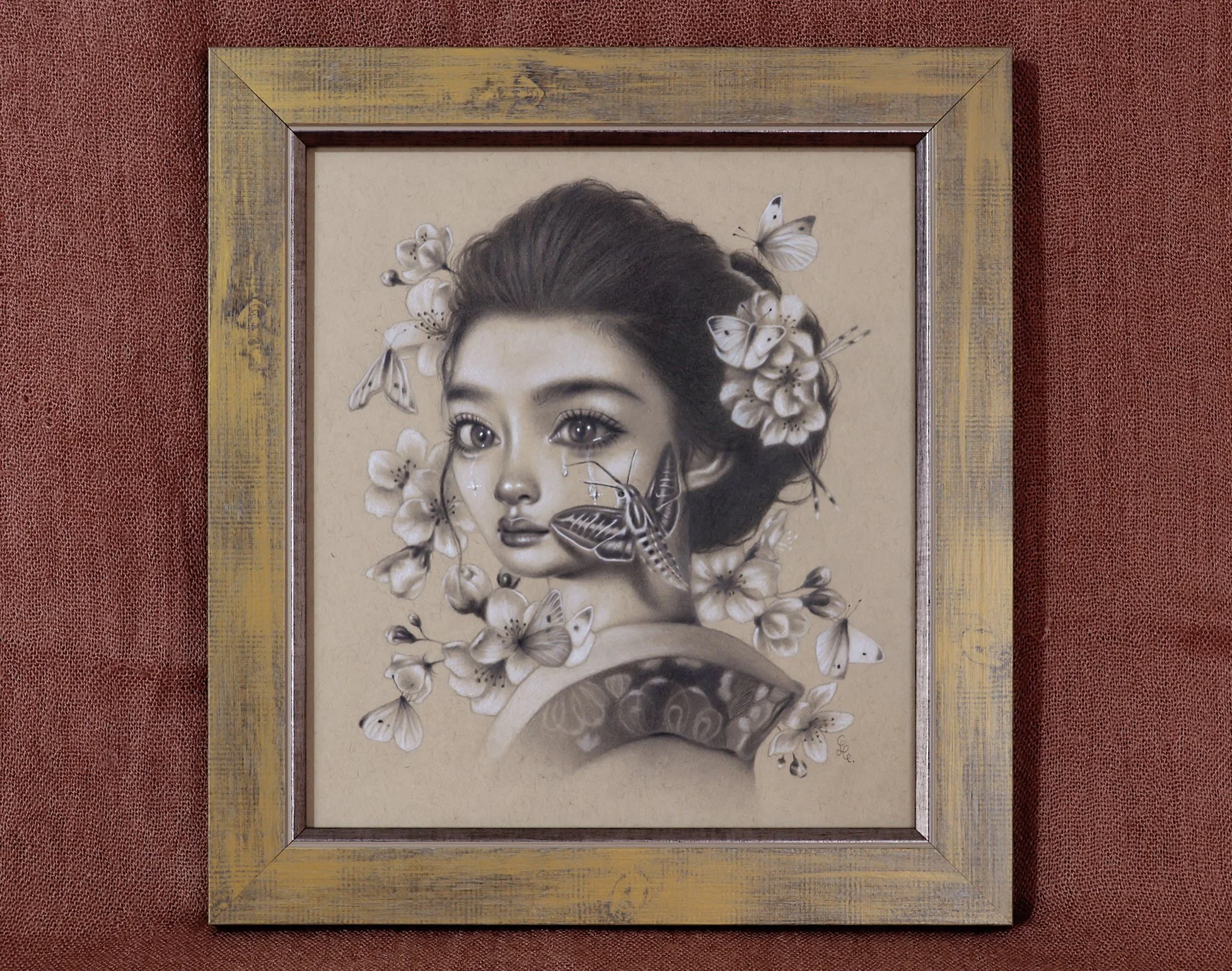 Original Graphite Drawing Of a Crying Geisha With Humming Bird Moth sitting on her face and surrounded with cherry blossoms.