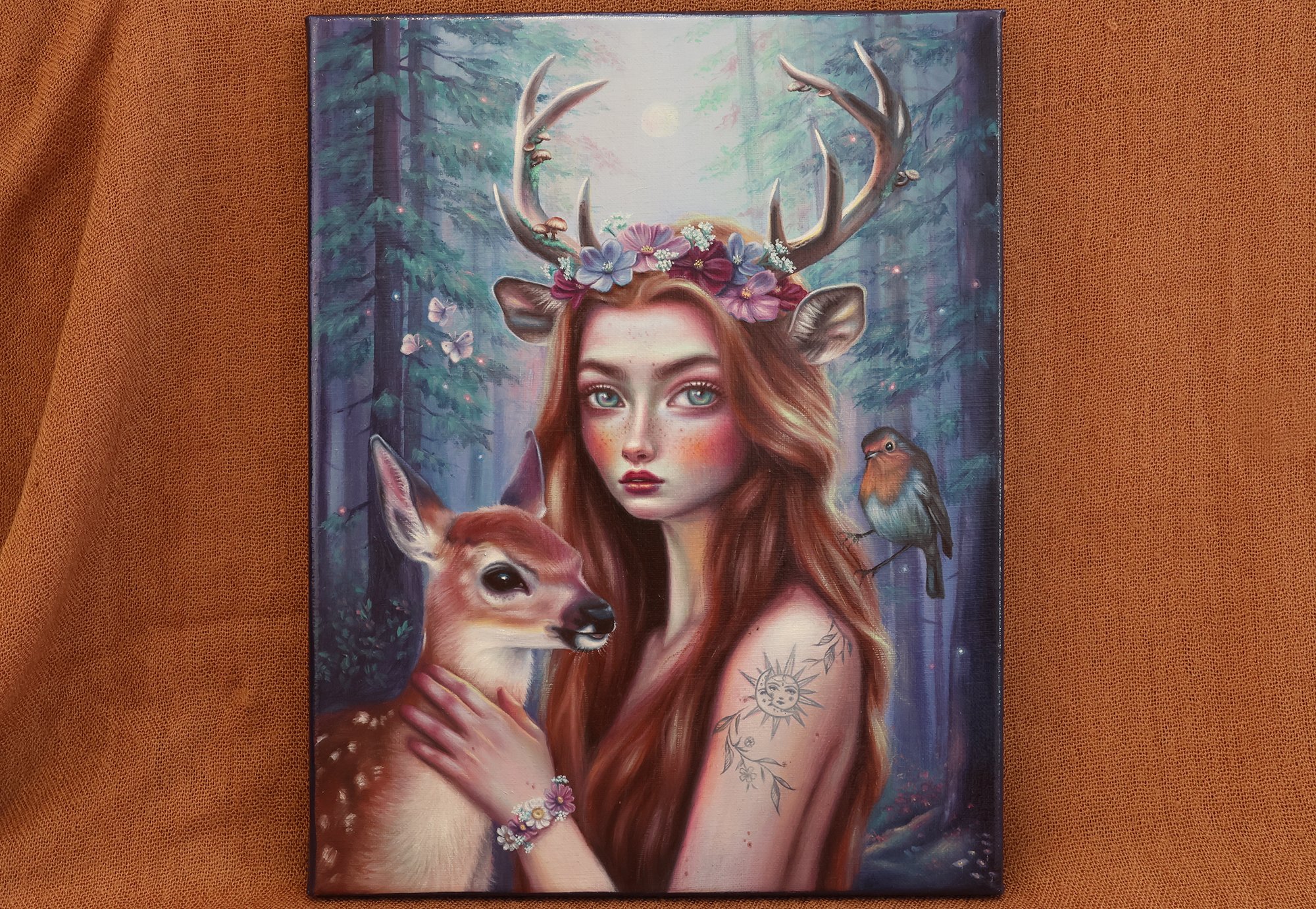 Original Pop Surrealism Oil Painting Of Deer Woman With Big Eyes And Fawn In Magical Forest On canvas