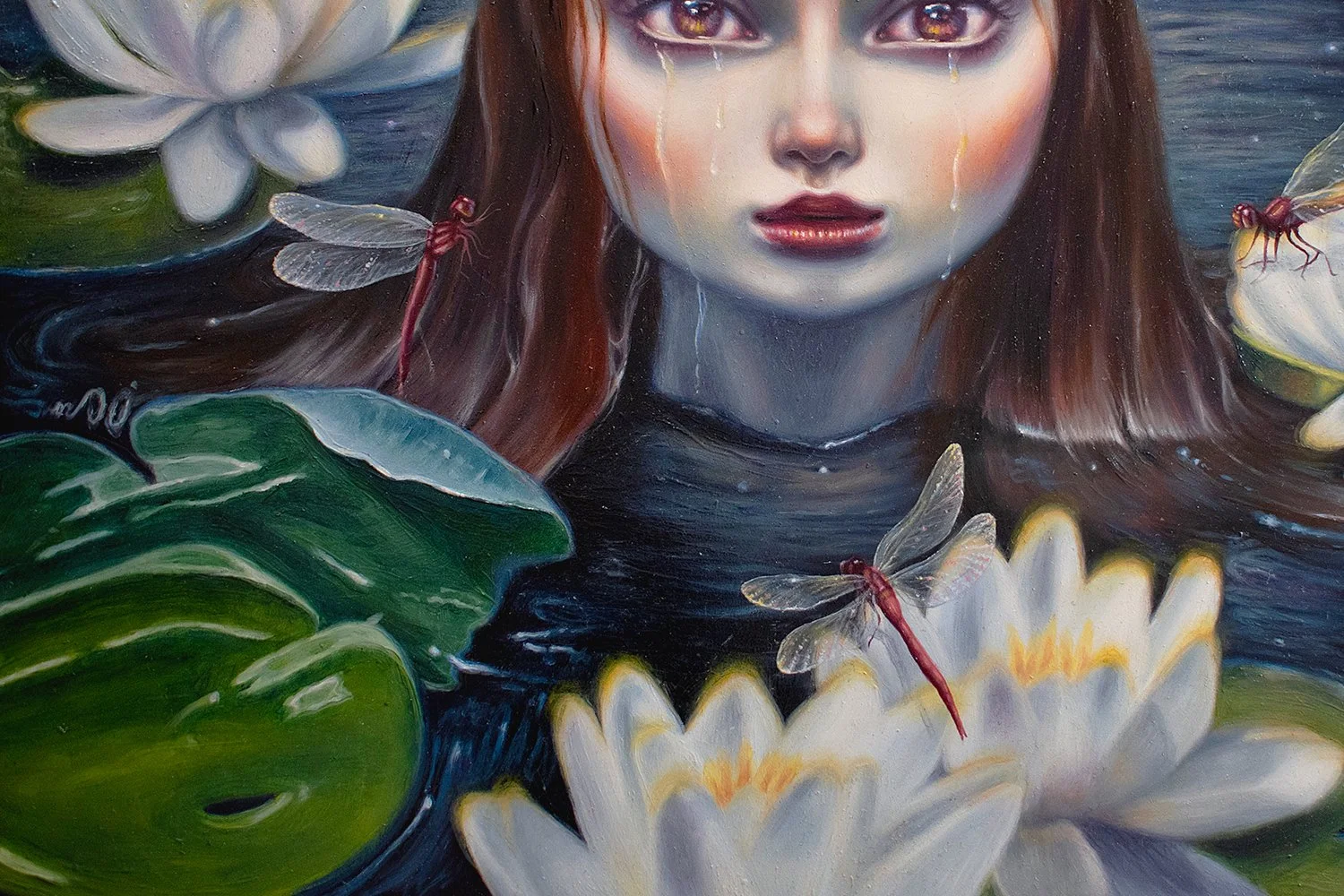 Original Oil Painting of a girl crying in a lake surrounded by dragonflies and lotus flowers with stormy skies behind detail