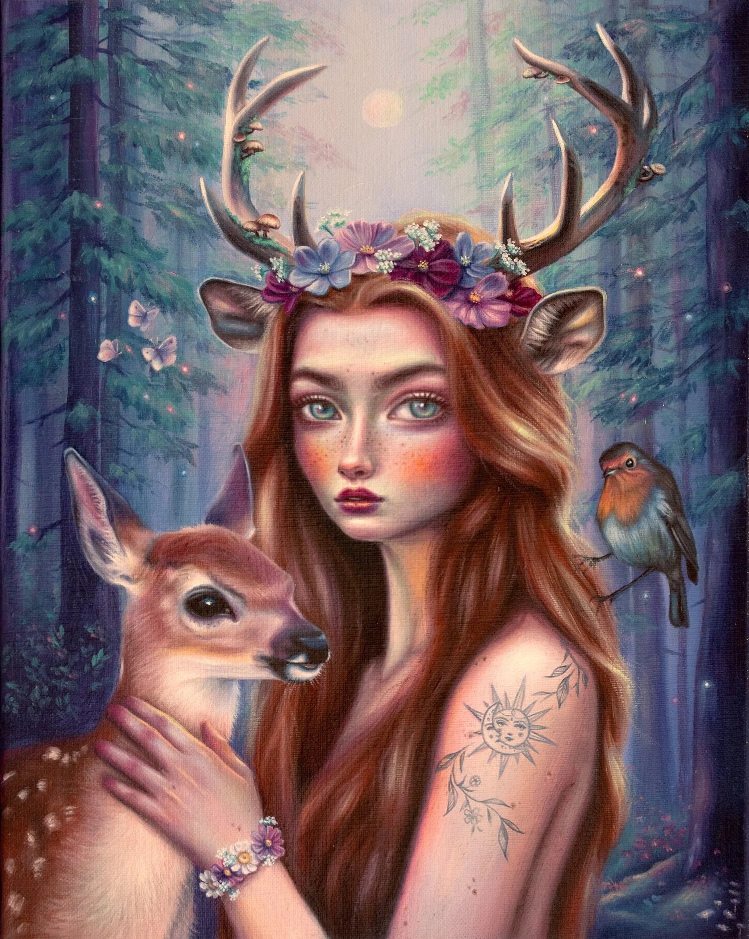 Original Pop Surrealism Oil Painting Of Deer Woman With Big Eyes And Fawn In Magical Forest On canvas