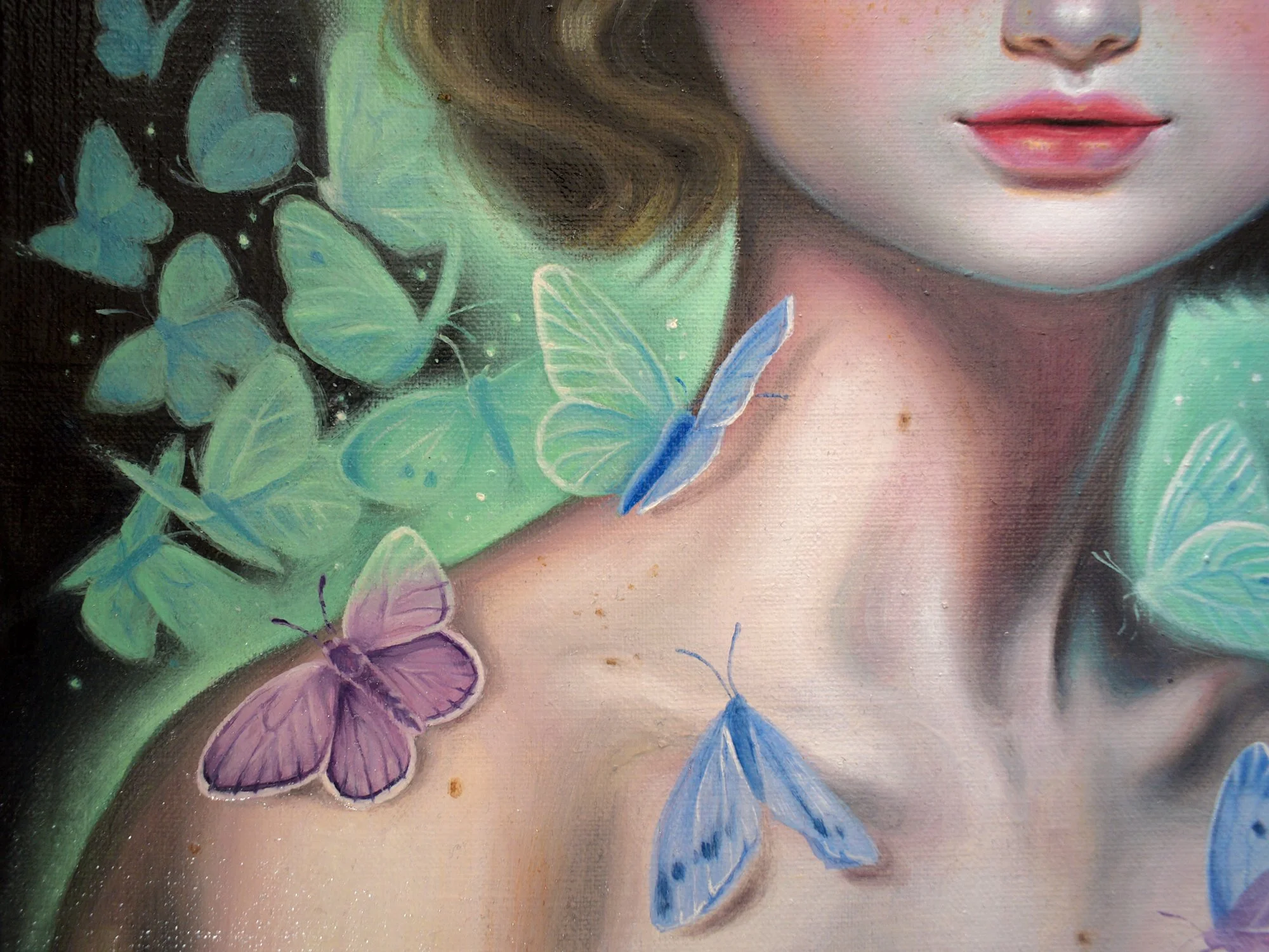 Original Oil Painting OF A Girl With Big Eyes with butterflies and crocus flowers glowing detail