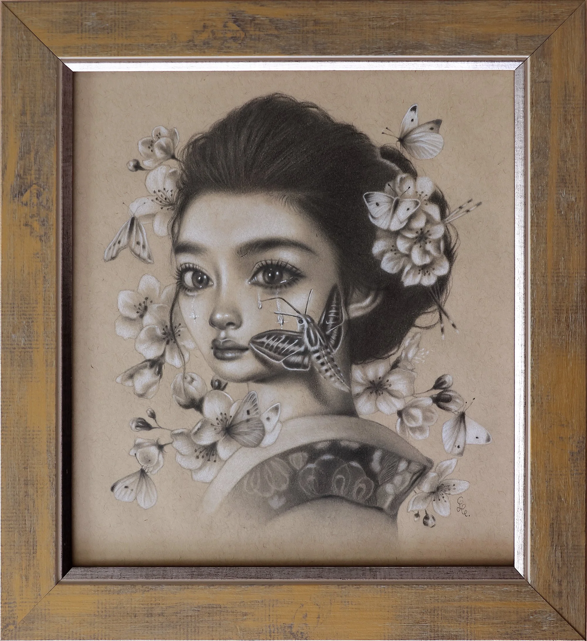 Original Graphite Drawing Of a Crying Geisha With Humming Bird Moth sitting on her face and surrounded with cherry blossoms.