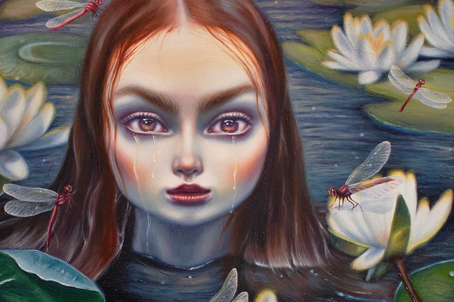Original Oil Painting of a girl crying in a lake surrounded by dragonflies and lotus flowers with stormy skies behind detail