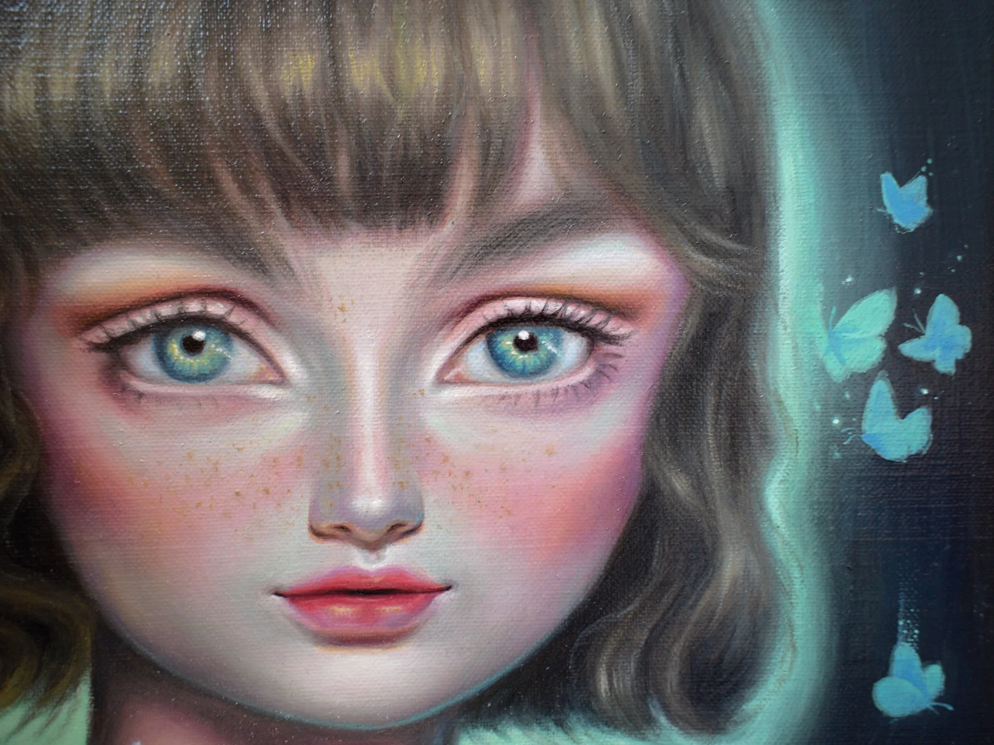 Original Oil Painting OF A Girl With Big Eyes with butterflies and crocus flowers glowing detail