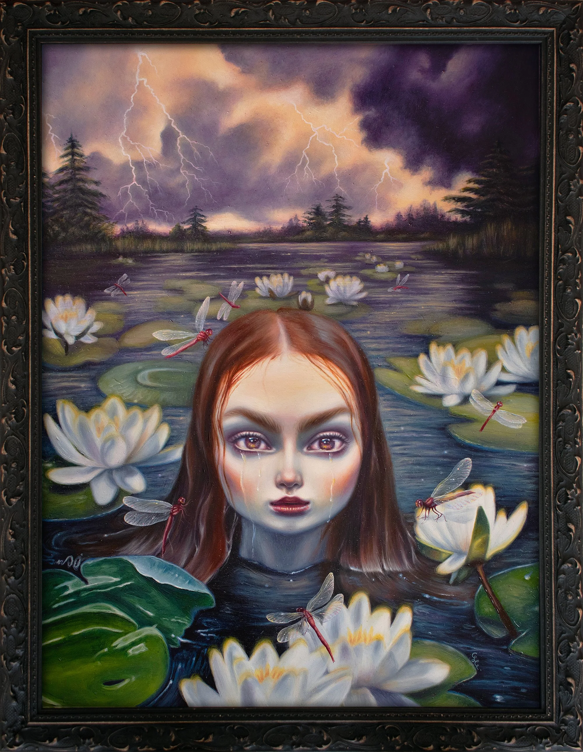 Original Oil Painting of a girl crying in a lake surrounded by dragonflies and lotus flowers with stormy skies behind