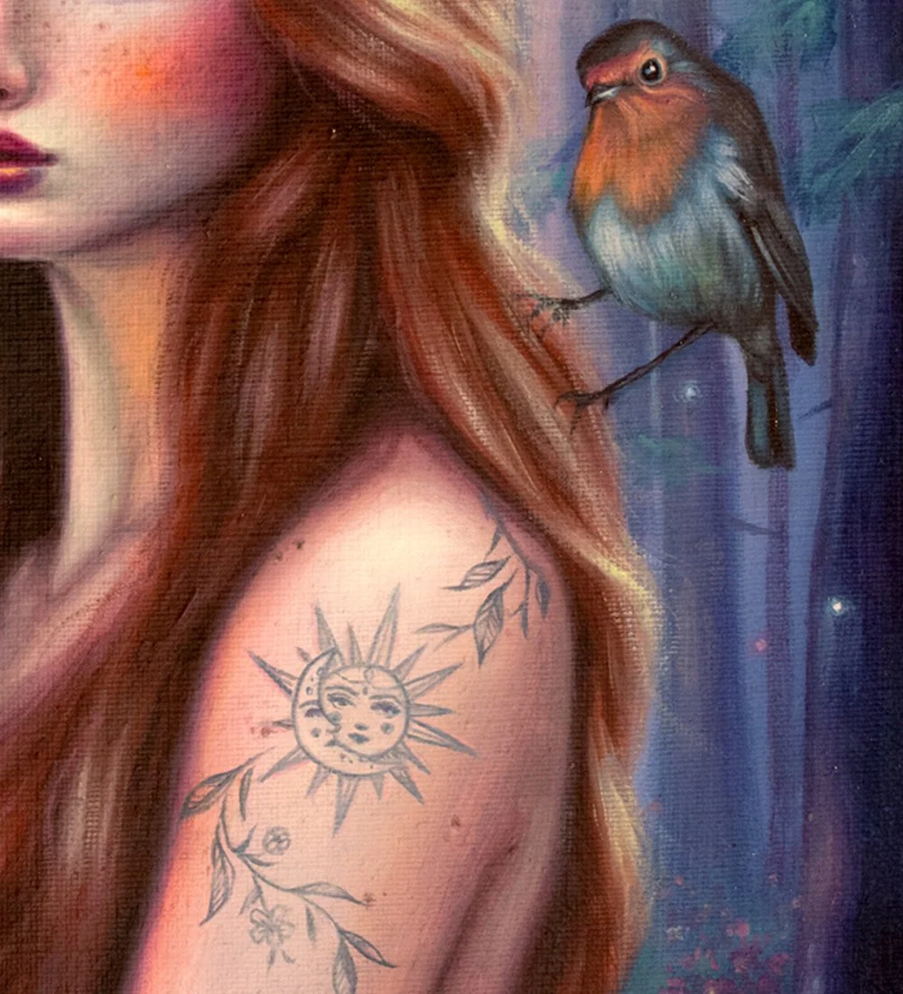 Original Pop Surrealism Oil Painting Of Deer Woman With Big Eyes And Fawn In Magical Forest On canvas detail of bird and sun and moon tattoo