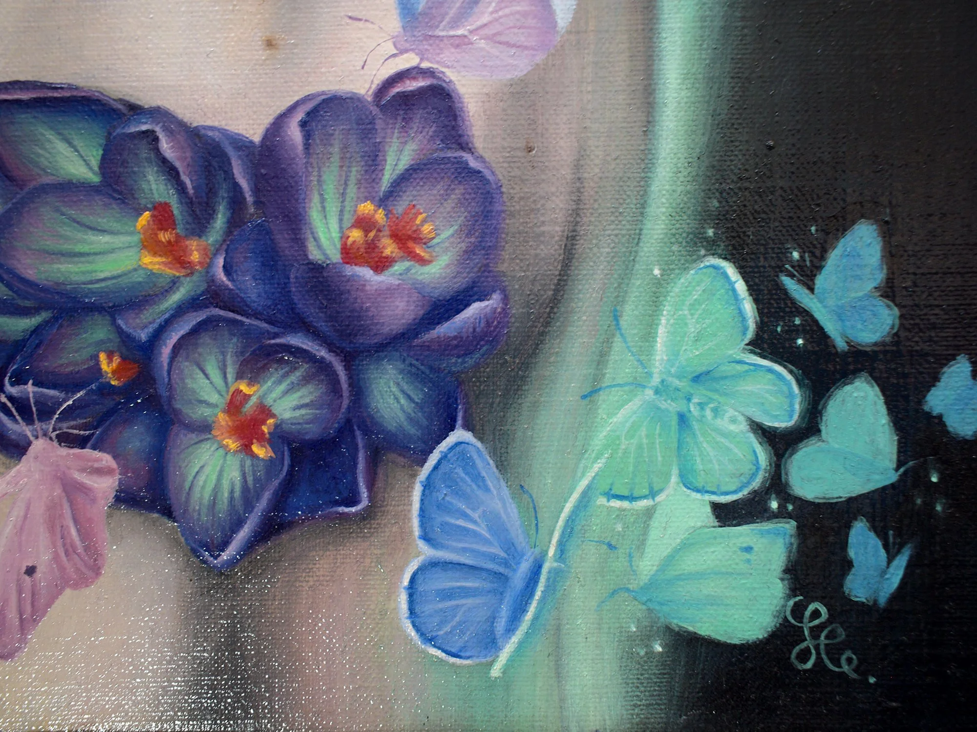 Original Oil Painting OF A Girl With Big Eyes with butterflies and crocus flowers glowing detail